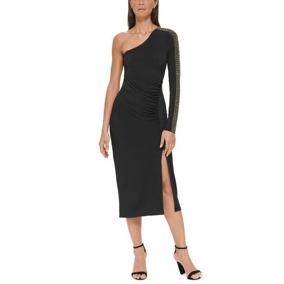 Guess Women's One-Should Embellished-Sleeve Midi Dress - Black Gold 12 - Picture 1 of 10
